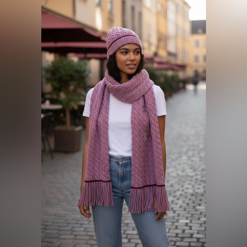 Splendid NWT Purple Cable Knit Scarf and Hat Set- Mulberry/Rosewood Tipping